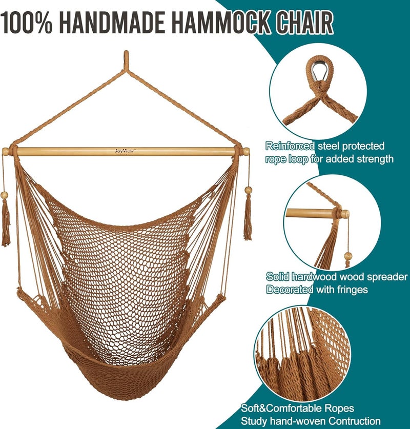 JoyView Hammock Chair with Spreader Bar Caribbean Hammock Swing Chair 300 LBS Weight Capacity XL Rope Hanging Chair for Outdoor Indoor Garden Yard - Brown - Image 4